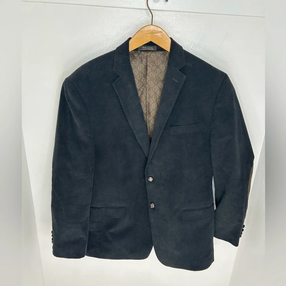 CHAPS Black Corduroy Blazer Size 44R Elbow‎ Patches Paisley Lined Sport Coat